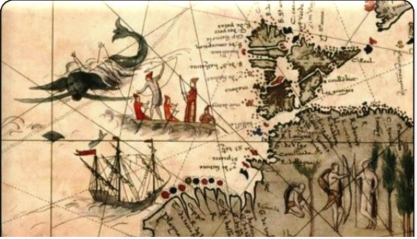 Mapa de la costa oeste de Terranova. El detalle nos muestra un galeote ballenero, una txalupa, y un grupo de pescadores vascos. Fuente EITB Euskal Irratia Telebista (1)
