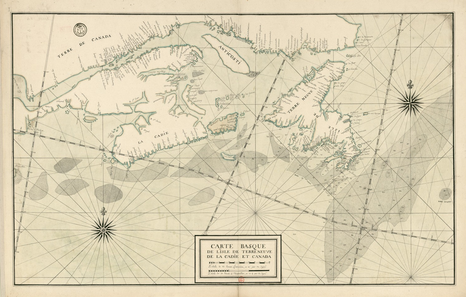 Mapa de Terranova y Acadia (siglo XVII). Fuente Bibliothèque Nationale de France