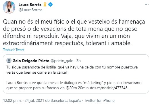 tuit Laura Borràs ataques y vejaciones