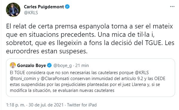 Tuit Puigdemont, retirada de la immunitat