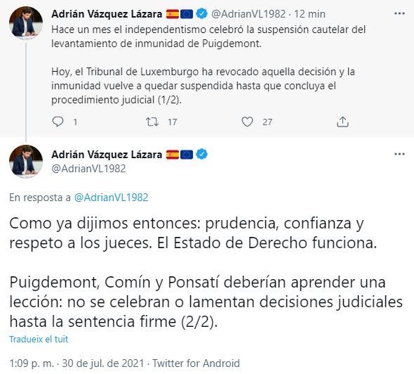 TUIT Adrian Vazquez Lazara inmunidad puigdemont europa