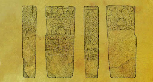 Testigos|Testimonios arqueologics funerarios vascos (siglos VIII e IX). Contienen dibujos inspirados en la cosmogonía tradicional vasca. Fuente Càtedra Unesco