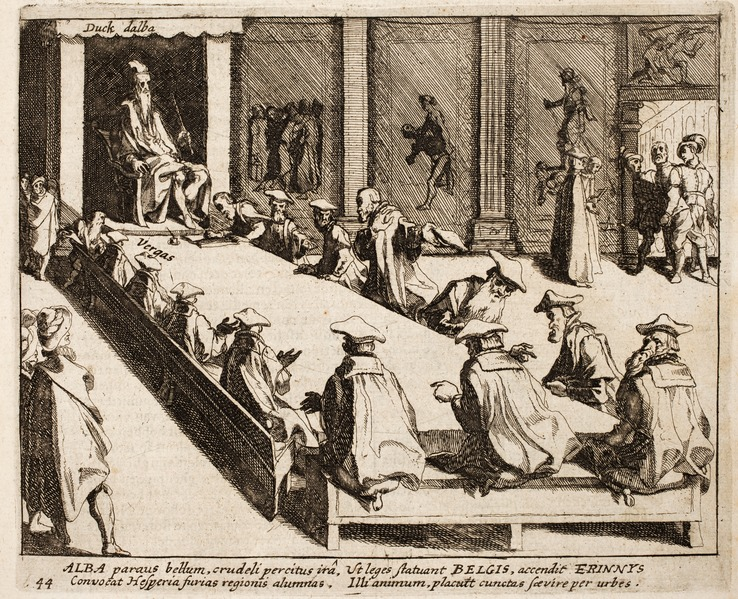 Reoresentació del Tribunal de los Tumultos, presidido por el duque de Alba (1621). Fuente Palau de Pau de La Haia