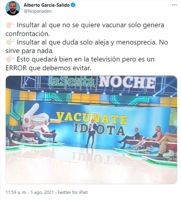 tuit sobre rótulo vacúnate idiota La Sexta Noche