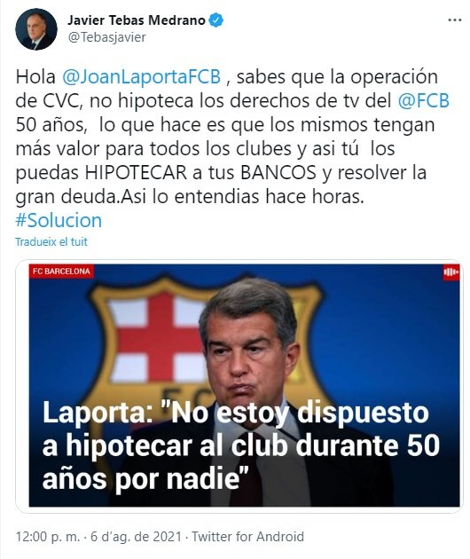 tuit javier tebas joan laporta