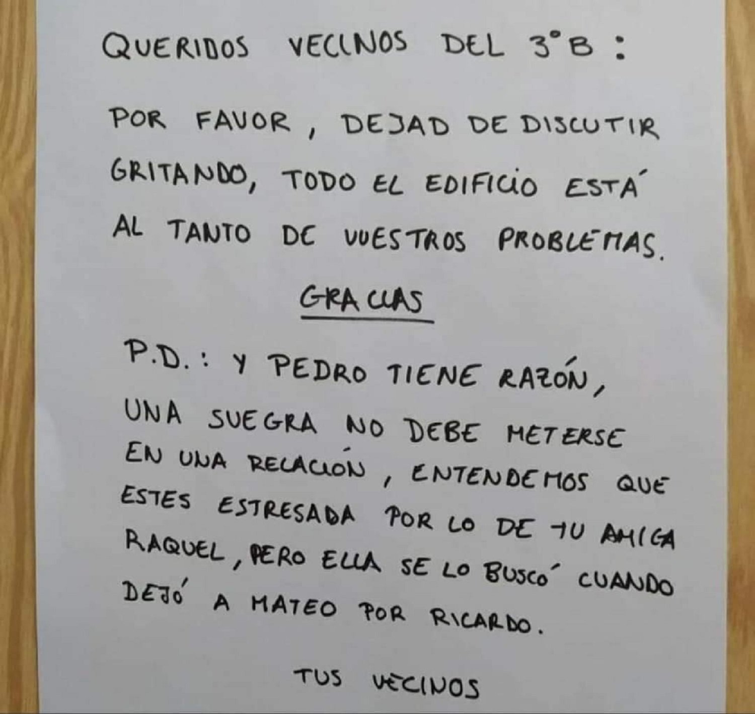 La carta de unos vecinos por los gritos de una pareja