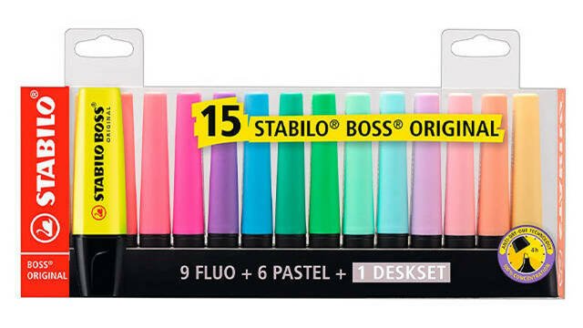 set de 15 marcadores fluorescentes y pastel de stabilo boss original amazon