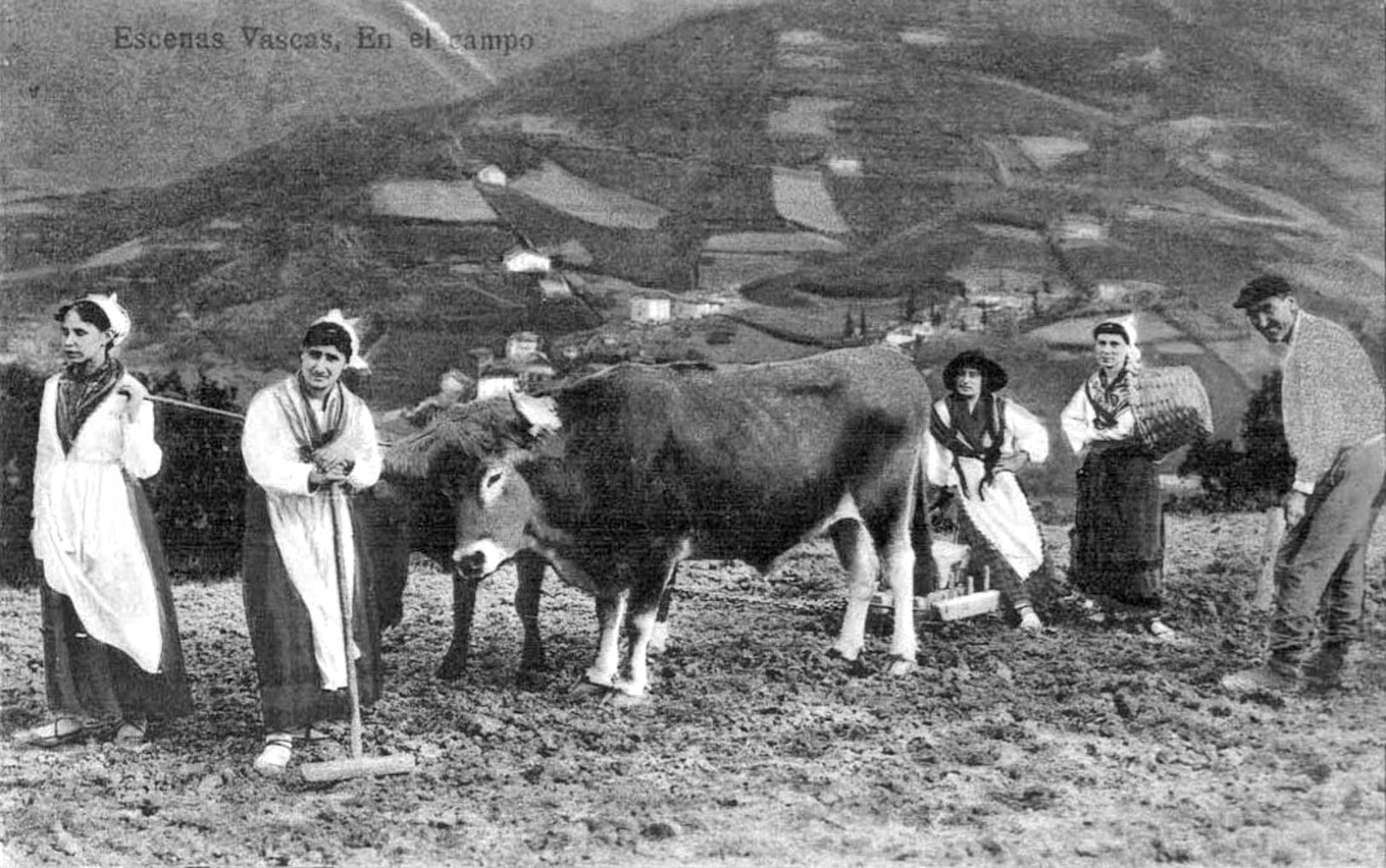 Tareas agrarias en un baserri (finales del siglo XIX). Fuente Blog Postalas de Euskal Herria