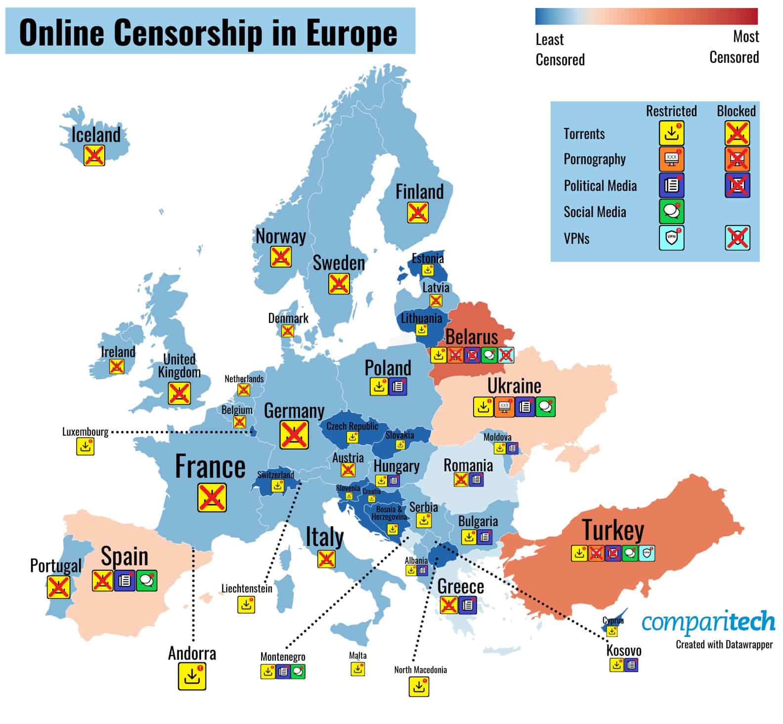 mapa censura comparitech europa España