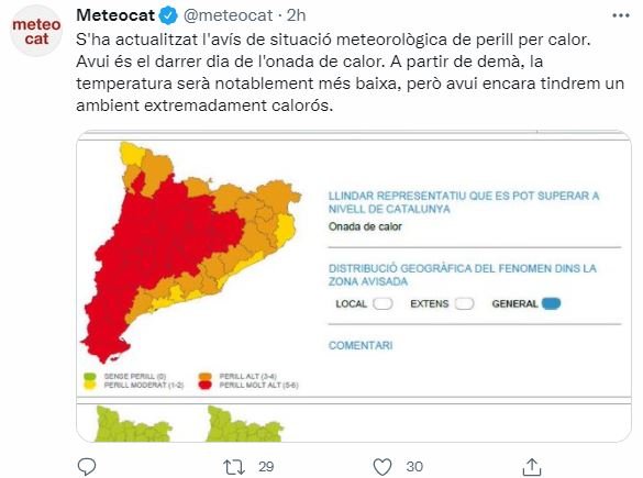 @meteocat onada calor diumenge 15 agost