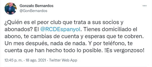 tuit Gonzalo Bernardos contra el Espanyol TW