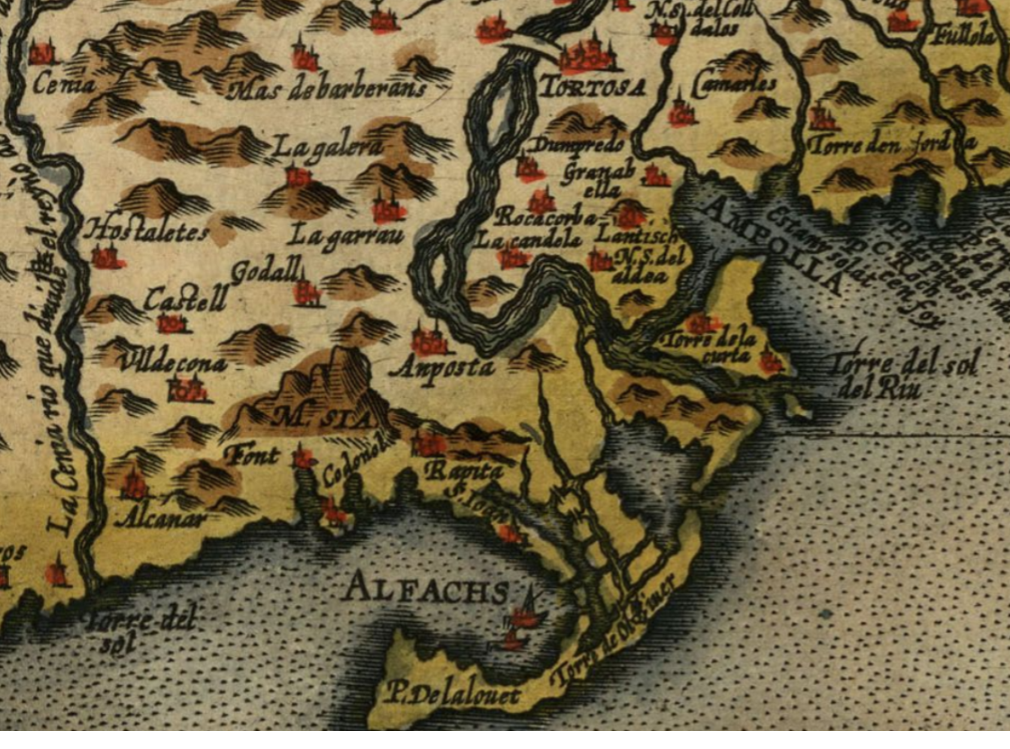 Quadrant sud occidental d'un mapa de Catalunya (1610). Font Cartoteca de Catalunya