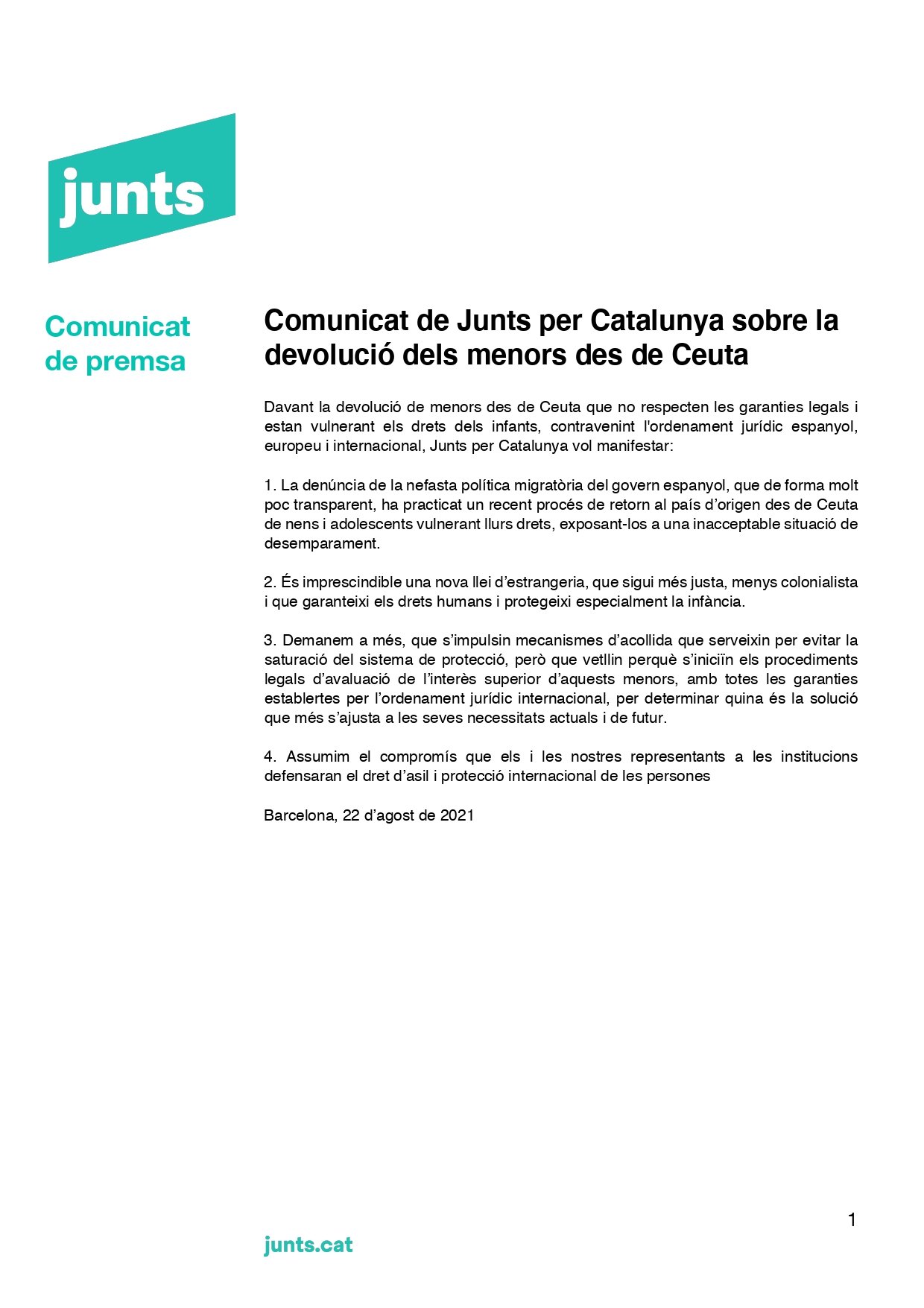 comunicado Junts per Catalunya devolución menores Ceuta