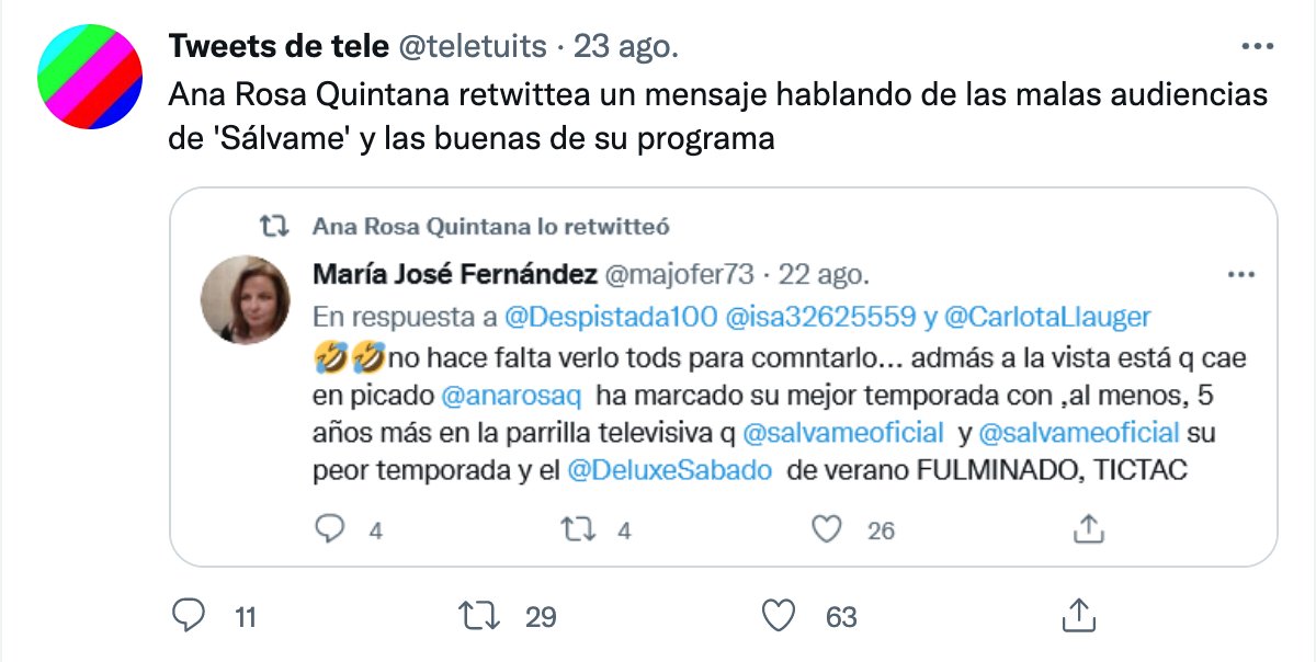 Ana Rosa retuitea contra 'Sálvame'