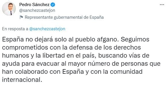 TUIT pedro sanchez evacuacion afganistan kabul