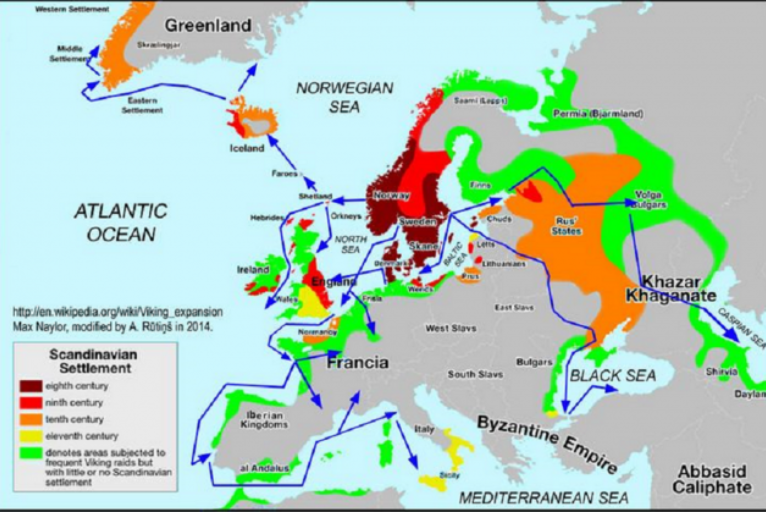 Mapa de l'expansió vikinga. Font Wikimedia Commons