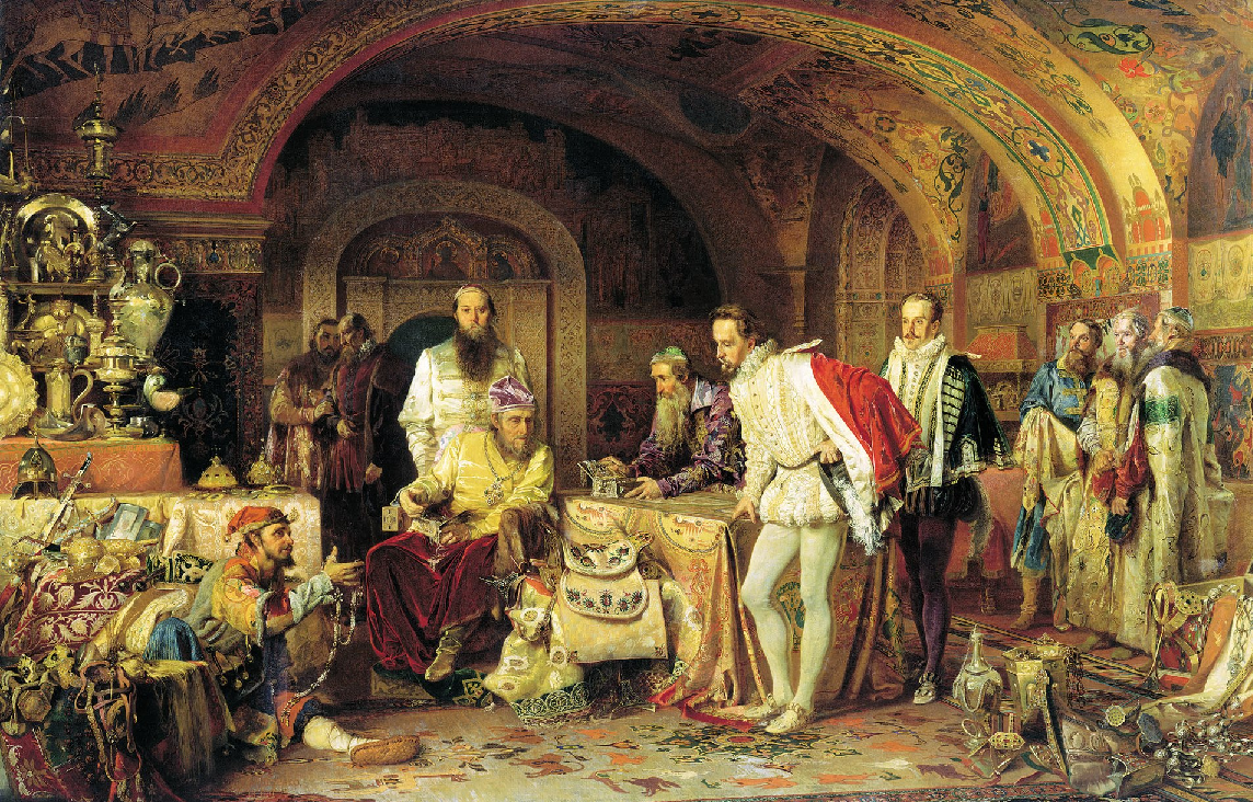 Representació moderna de una expedició comercial inglesa en la corte del zar Ivan IV (1875). Fuente Russian Museum. Saint Petersburg