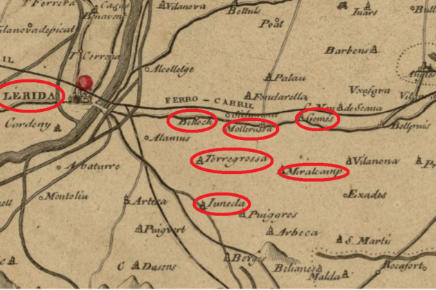 Fragment mapa de Catalunya (1835). El pla d'Urgell. Encerclats els noms del pobles dels membres de la colla de Lo Parrot. Font Cartoteca de Catalunya