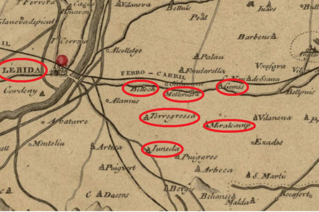 Fragmento mapa de Catalunya (1835). El plan|plano de Urgell. Rodeados los nombres del pueblos de los miembros del grupo de Lo Parrot. Fuente Cartoteca de Catalunya