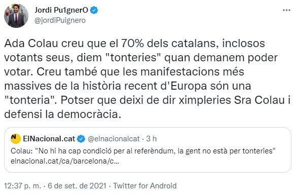 TUIT Jordi puignero ada colau referendum tonteria