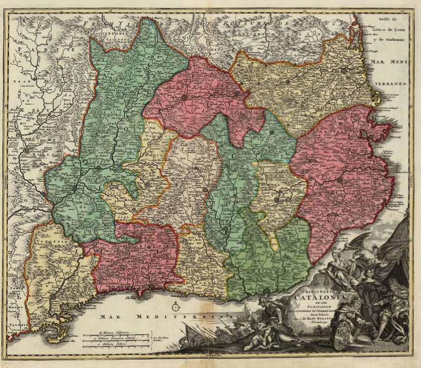 Mapa austriac de Catalunya (1707), obra del cartograf Joahnn Homann. Font Institut Cartografic de Catalunya