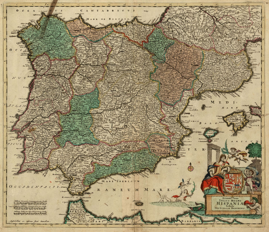 Mapa neerlandès de tots els estats peninsulars de la monarquia hispànica (1690), obra del cartograf Justus Danckers. Font Institut Cartografic de Catalunya