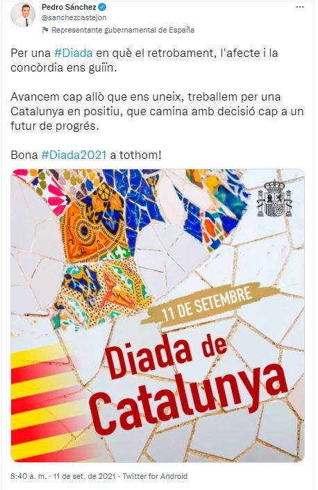 TUIT Pedro Sanchez Diada 2021