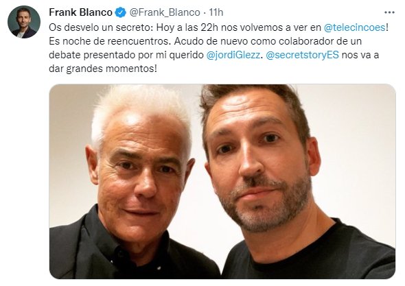 Frank Blanco tuit con Jordi González Secret Story Telecinco