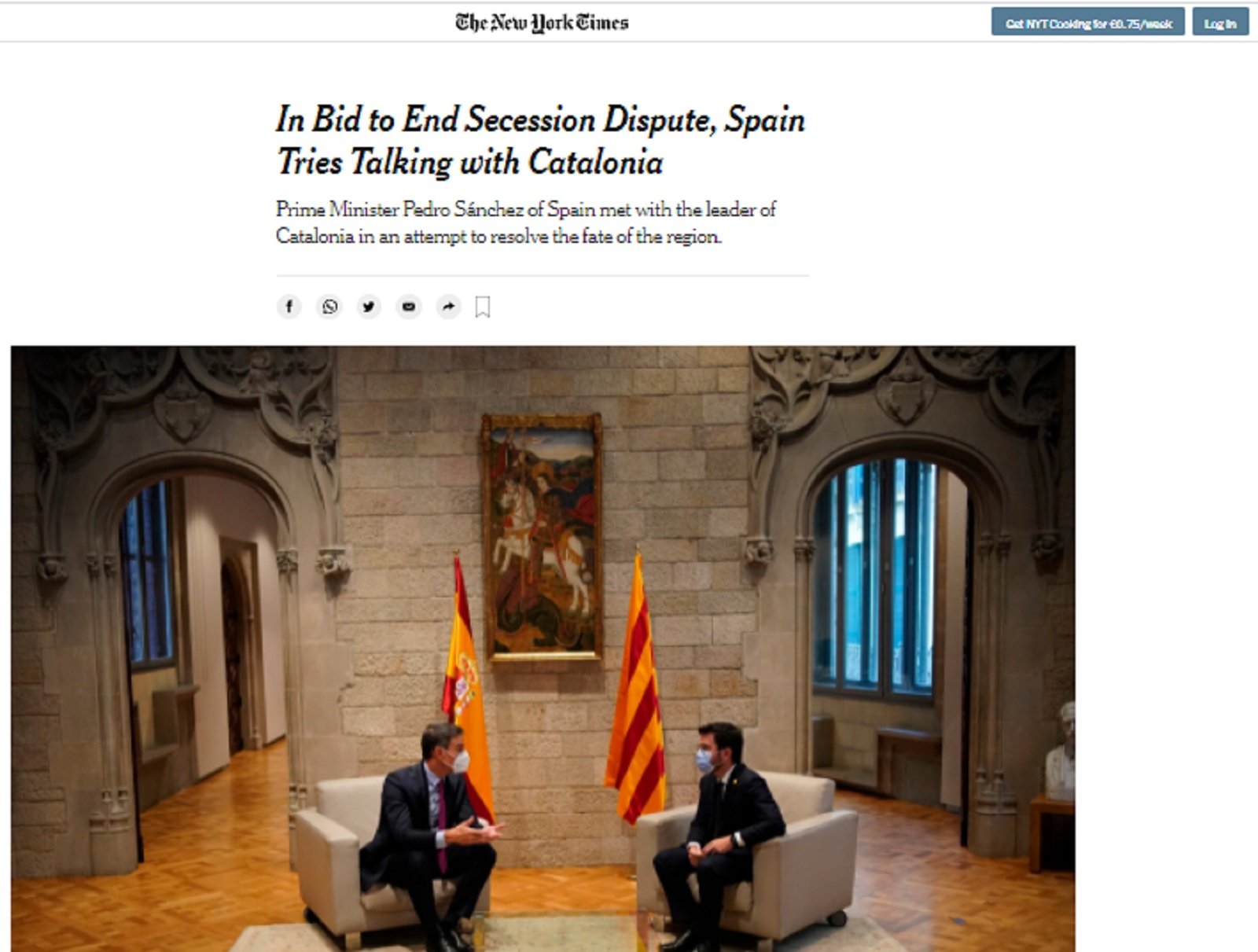 The New York Times: "Aragonès representa la moderació de l'independentisme"