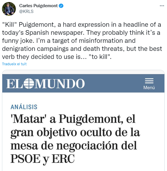 Carles Puigdemont Tweet denunciando articulo el mundo
