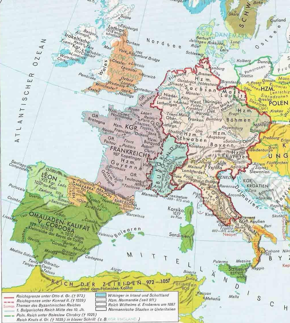 Fragment del mapa polític d'Europa durant els segles XI i XII. Font Gifex. World Maps and Satellits Photos