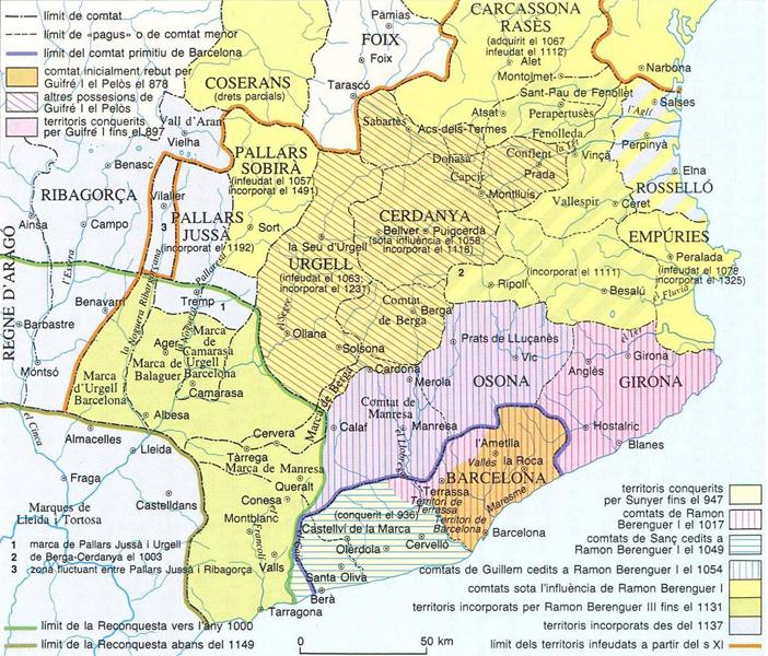 Mapa de l'expansió comtal barcelonina durant els segles XI i XII. Font Enciclopedia