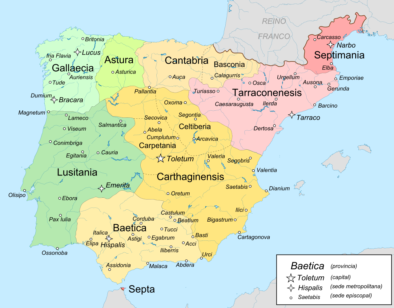 Mapa de la divisió provincial en temps de la monarquia visigòtica (segles VI a VIII). Font Wikiwand