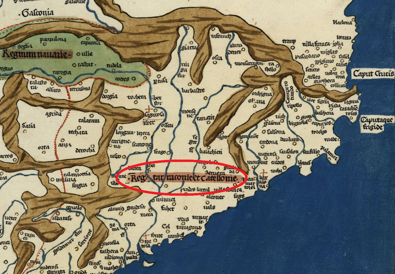 Fragment d'un mapa de la península ibèrica, publicat dins la Cosmografia de Ptolomeu (1482). Font Cartoteca de Catalunya