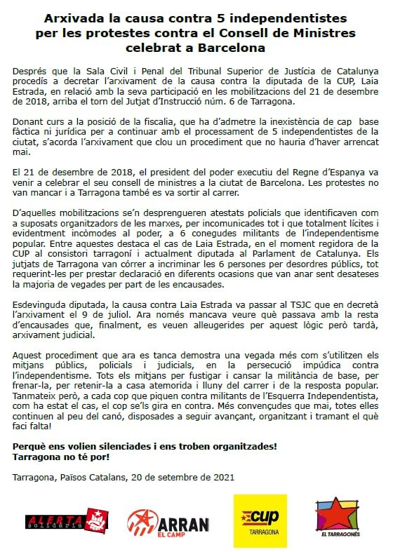 Comunicat Alerta Solidaria archivo caso consejo ministros tarragona