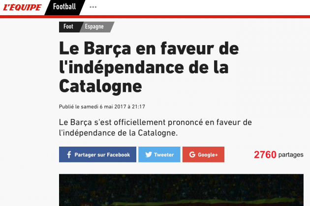 El Équipe (Francia) Barça Pacto Nacional por|para el Referéndum captura