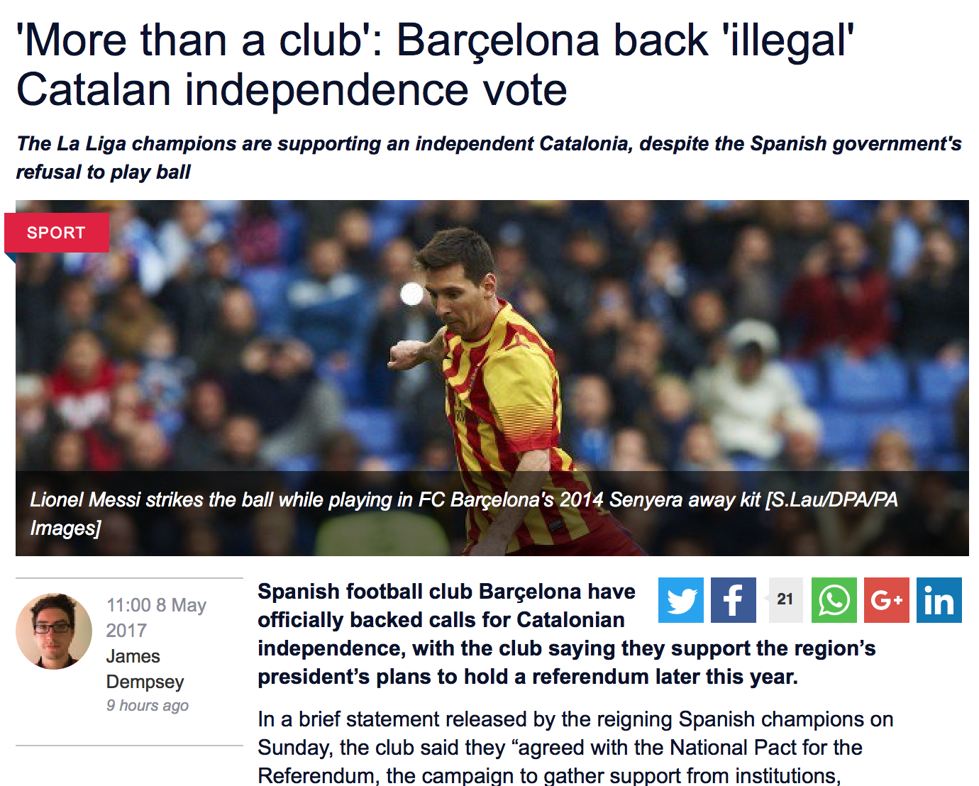 La premsa internacional reacciona al suport del Barça al referèndum