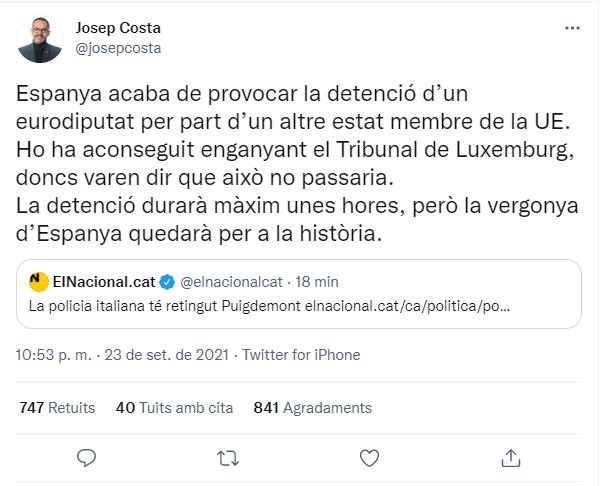 TUIT josep costa retención carles puigdemont italia TUIT josep costa retención carles puigdemont italia