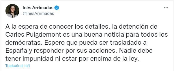 TUIT inés arrimadas retención carles puigdemont