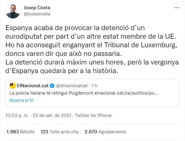 TUIT josep costa detención carles puigdemont