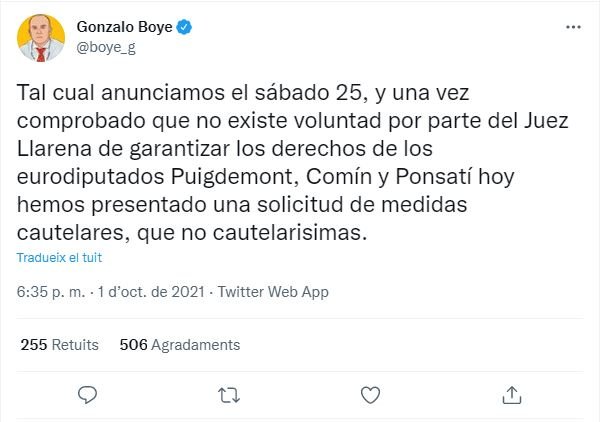 TUIT gonzalo boye hilo medidas cautelares puigdemont