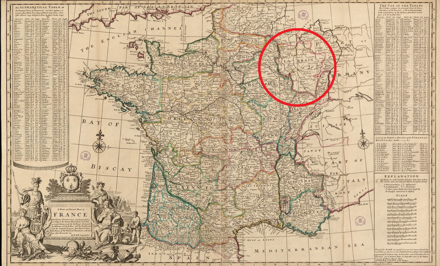 Mapa de situació del ducado independiente de Lorena (1700). Fuente Cartoteca de Catalunya