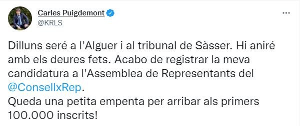 TUIT carles puigdemont confirma asistencia alguer