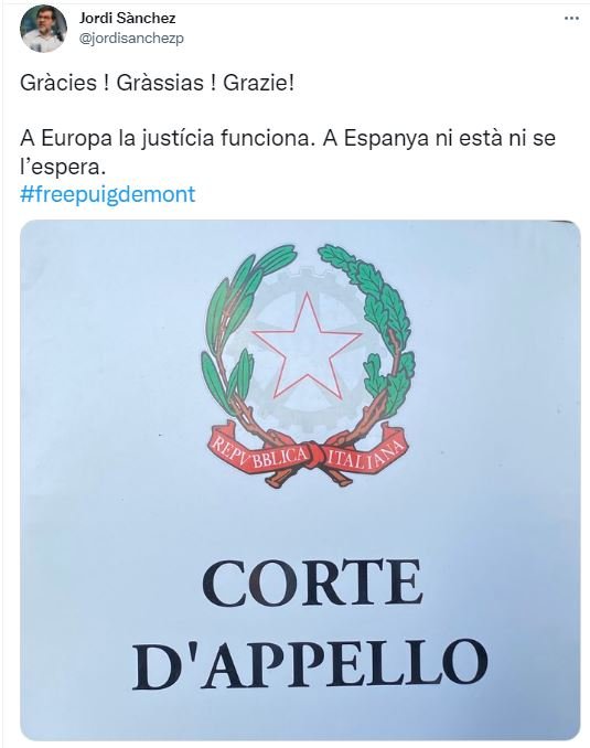 TUIT Pedro Sanchez Alguer salida Puigdemont