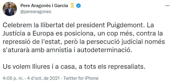 TUIT Pere Aragonès President Generalitat Llibertat Puigdemont