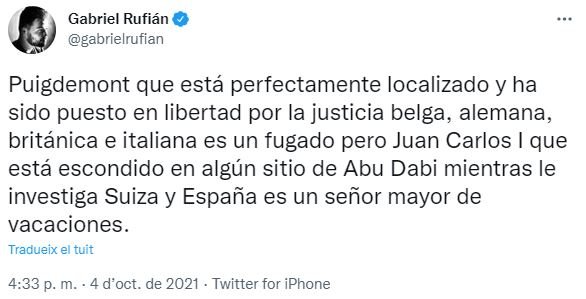 TUIT Gabriel Rufian ERC Llibertat Puigdemont