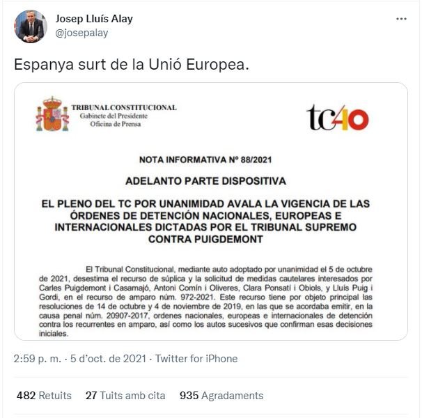 TUIT josep lluís alay decisión tc puigdemont