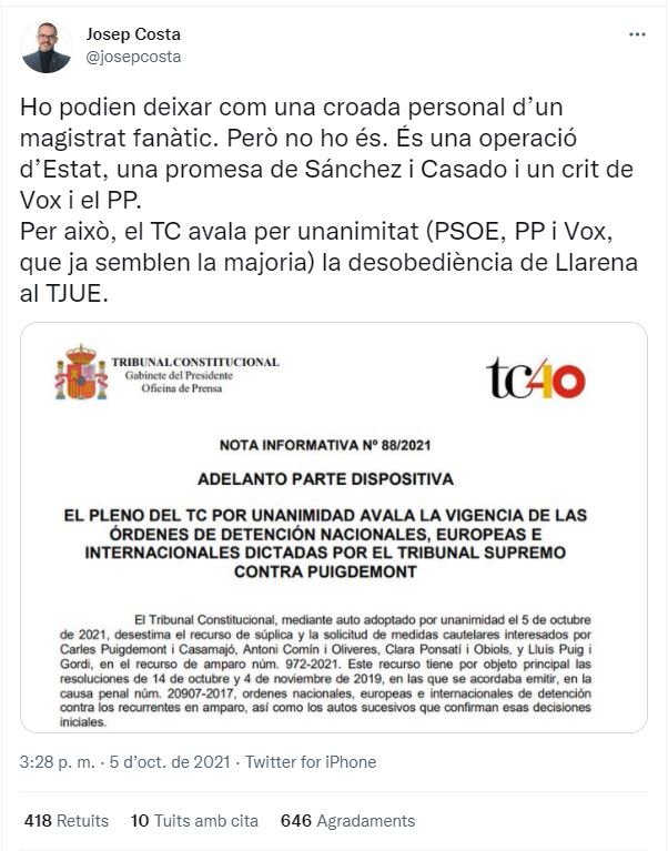 TUIT josep costa decisión tc puigdemont