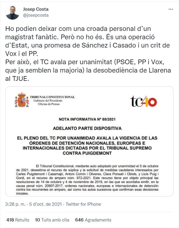 TUIT josep costa decisión tc puigdemont