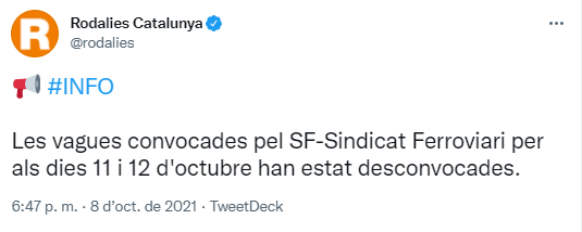 Tuit Rodalies Catalunya desconvocando vaga